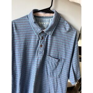 Orvis‎ Mens Stripe Short Sleeve Pocket Polo Shirt Blue Red XL Pique Luxe XL
